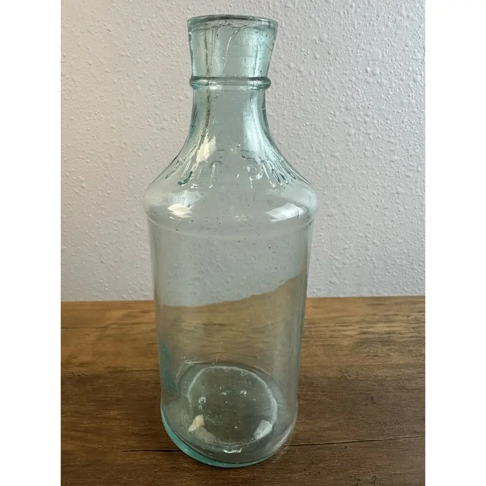Antique Aqua Glass Full Pint Bottle Embossed U S A Hand Blown Utility Jar